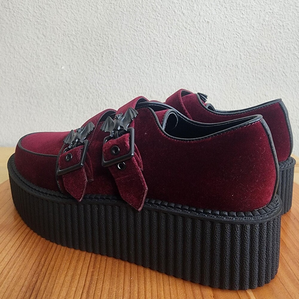 Killstar Shoes Womens Size 8 Red Faux Suede Platform Mary Jane Bat Creepers - Picture 5 of 14